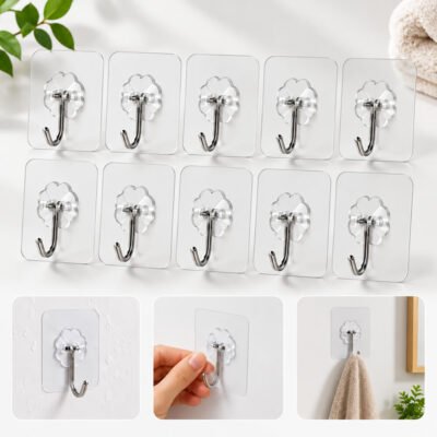 10 Pcs ওয়াল হুক সেট প্রিমিয়াম ট্রান্সপারেন্ট সেল্ফ-অ্যাডহেসিভ /10 PCS Heavy-Duty Transparent Wall Hooks