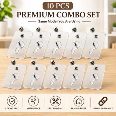 10 Pcs নাট হুক প্রিমিয়াম ট্রান্সপারেন্ট হেভি-ডিউটি অ্যাডহেসিভ / 10 PCS Premium Transparent Heavy-Duty Adhesive Wall Hook Combo Set