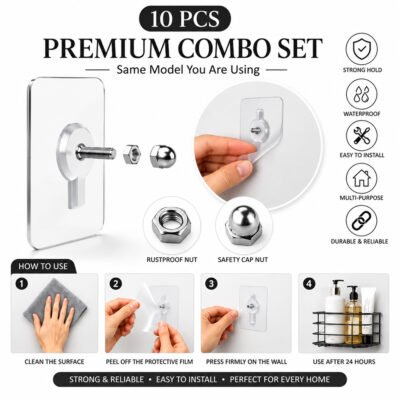 10 Pcs নাট হুক প্রিমিয়াম ট্রান্সপারেন্ট হেভি-ডিউটি অ্যাডহেসিভ / 10 PCS Premium Transparent Heavy-Duty Adhesive Wall Hook Combo Set