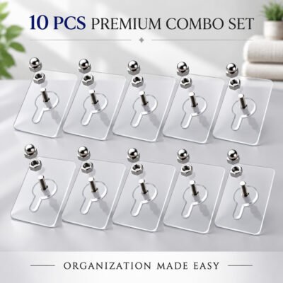 10 Pcs নাট হুক প্রিমিয়াম ট্রান্সপারেন্ট হেভি-ডিউটি অ্যাডহেসিভ / 10 PCS Premium Transparent Heavy-Duty Adhesive Wall Hook Combo Set